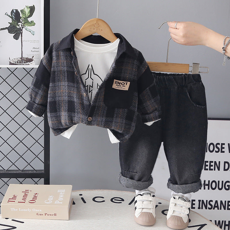 Splicing plaid long sleeved three piece set for baby boys