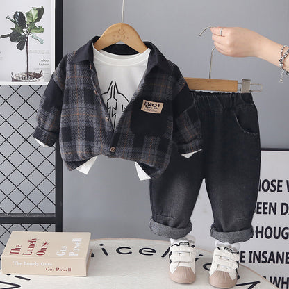 Splicing plaid long sleeved three piece set for baby boys