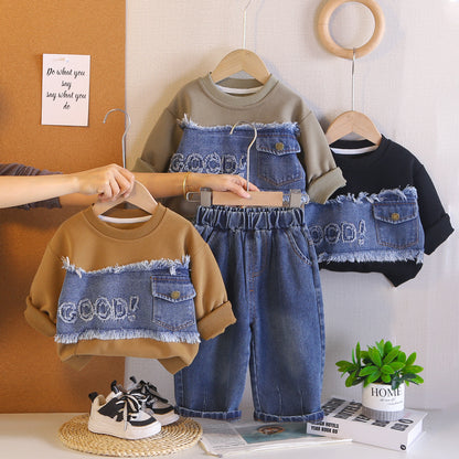 Splicing denim letter hoodie spring long sleeved two-piece set