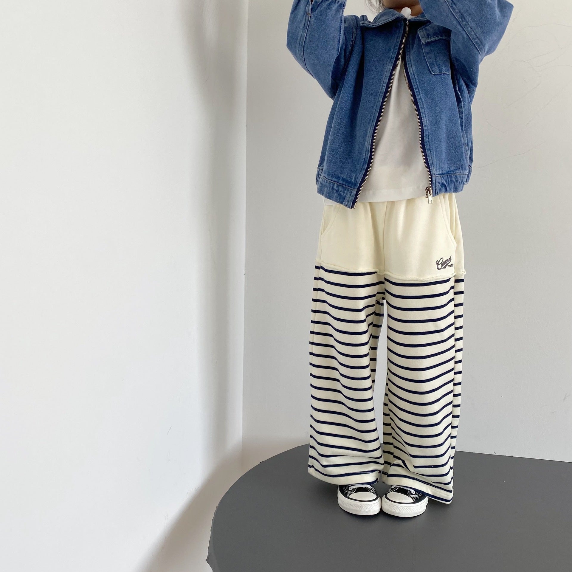 Children's striped embroidered patchwork knitted wide leg pants