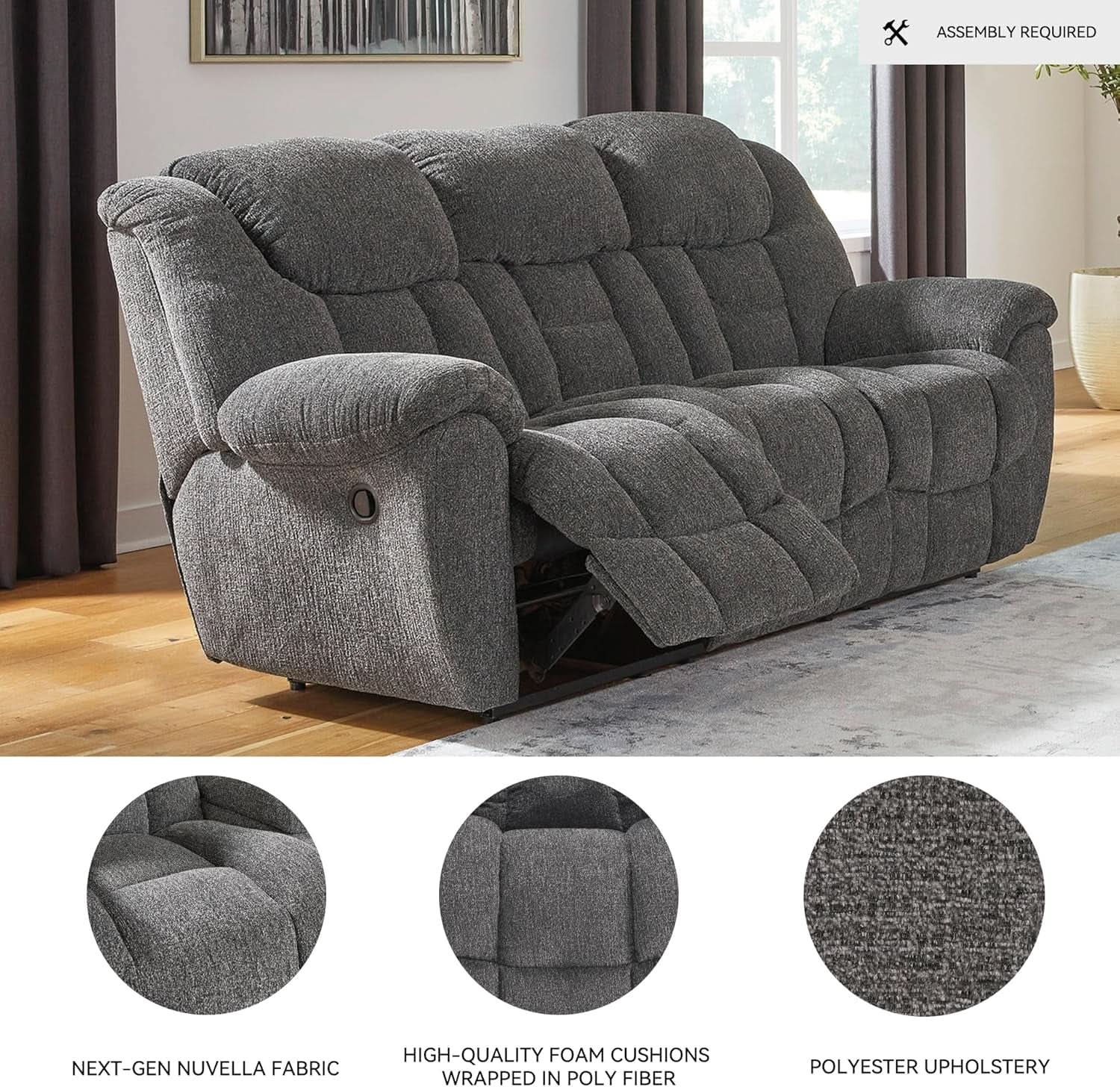 Gray Manual Reclining Sofa Stain Resistant Upholstery-3