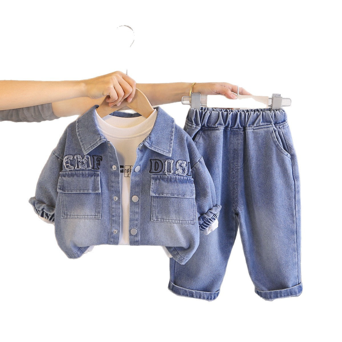 Children wearing denim long sleeved three piece set for babies