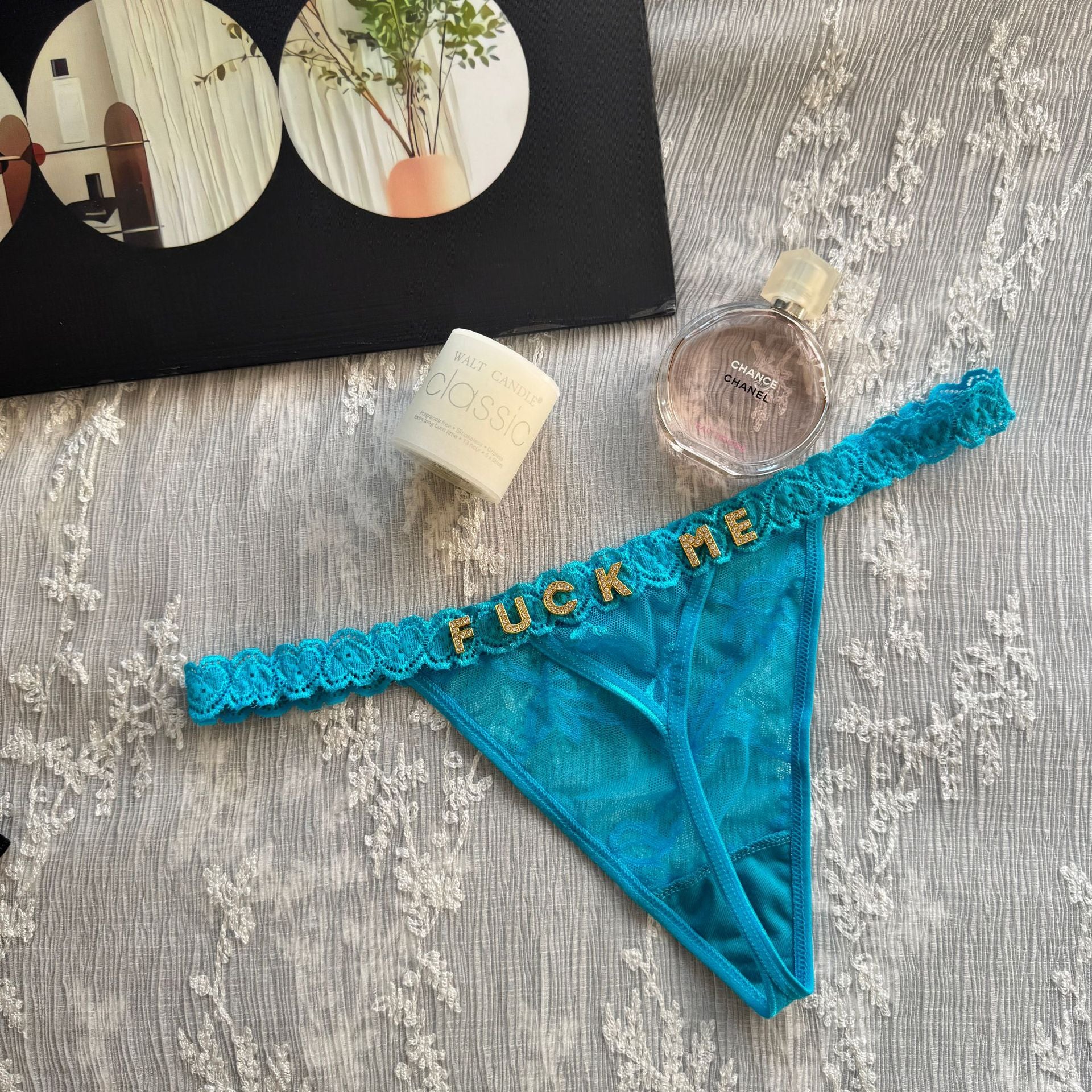Cotton G-String with Metallic Rhinestone Letters, Sexy Lace Panties for Women