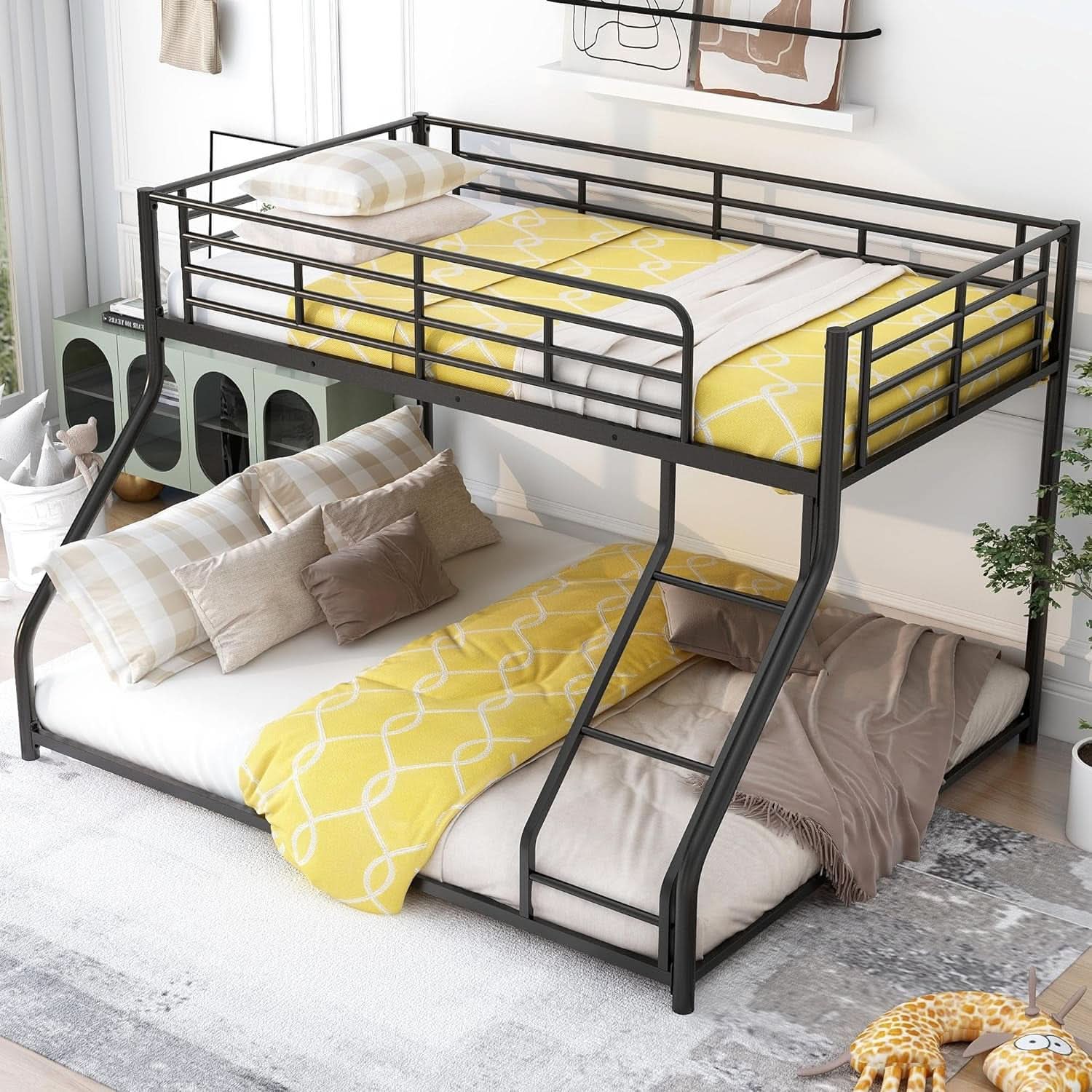 Heavy Duty Twin Over Queen Metal Bunk Bed In Black-3