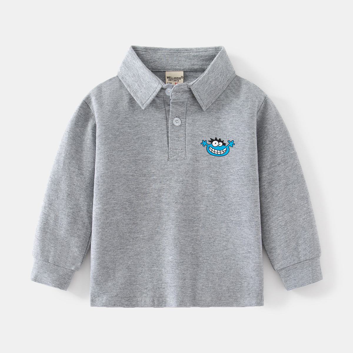 Long Sleeve Polo Shirt with Two-Button Stand Collar and Cartoon Animal Print
