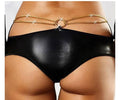 Plus Size Sexy Faux Leather Panties Women's Latex Wetlook Panties Underwear Black Sequin Chain Thong