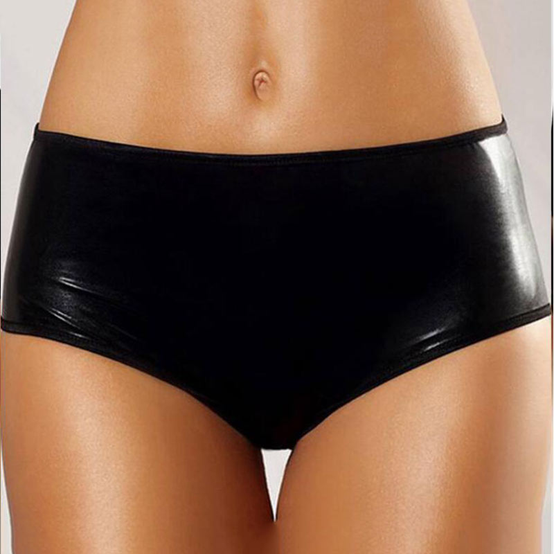Plus Size Sexy Faux Leather Panties Women's Latex Wetlook Panties Underwear Black Sequin Chain Thong