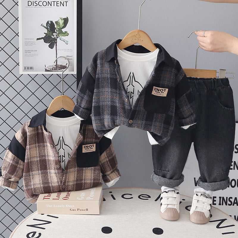 Splicing plaid long sleeved three piece set for baby boys