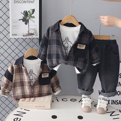 Splicing plaid long sleeved three piece set for baby boys