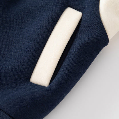 Fleece-Lined Round Neck Baseball Jacket, Letter Long Sleeve Color-Block Striped Warm Outerwear