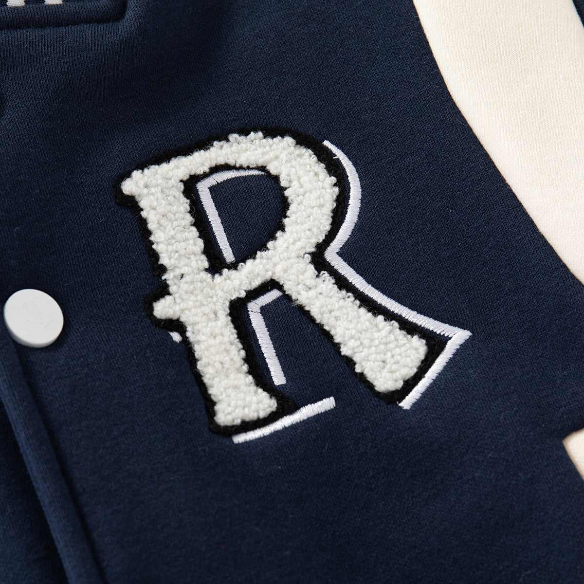 Fleece-Lined Round Neck Baseball Jacket, Letter Long Sleeve Color-Block Striped Warm Outerwear