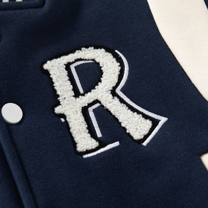 Fleece-Lined Round Neck Baseball Jacket, Letter Long Sleeve Color-Block Striped Warm Outerwear