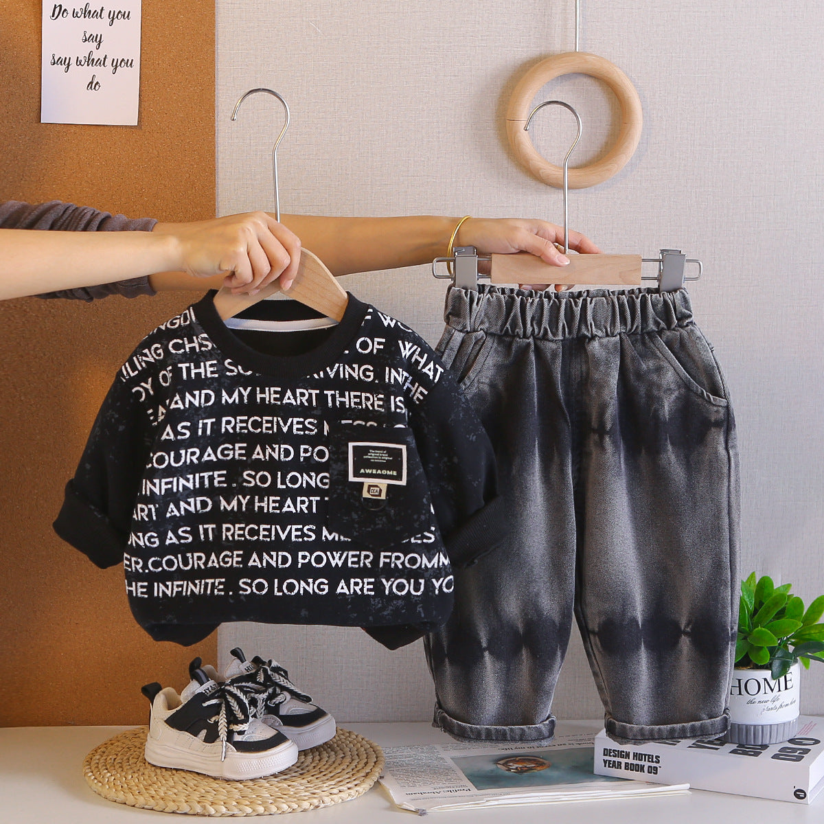 Baby casual letter hoodie two-piece set