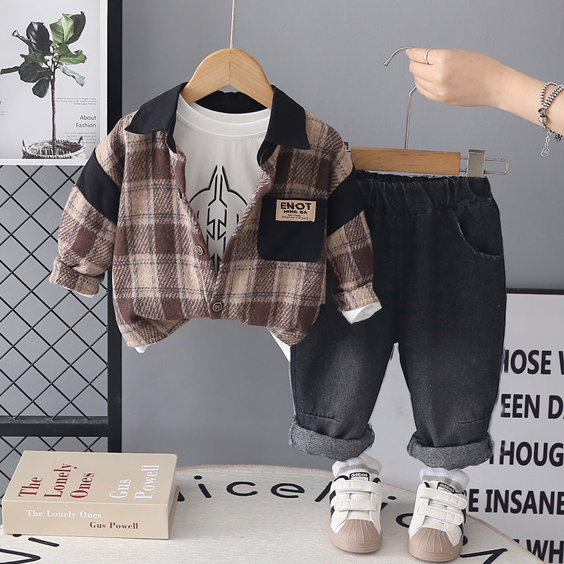 Splicing plaid long sleeved three piece set for baby boys