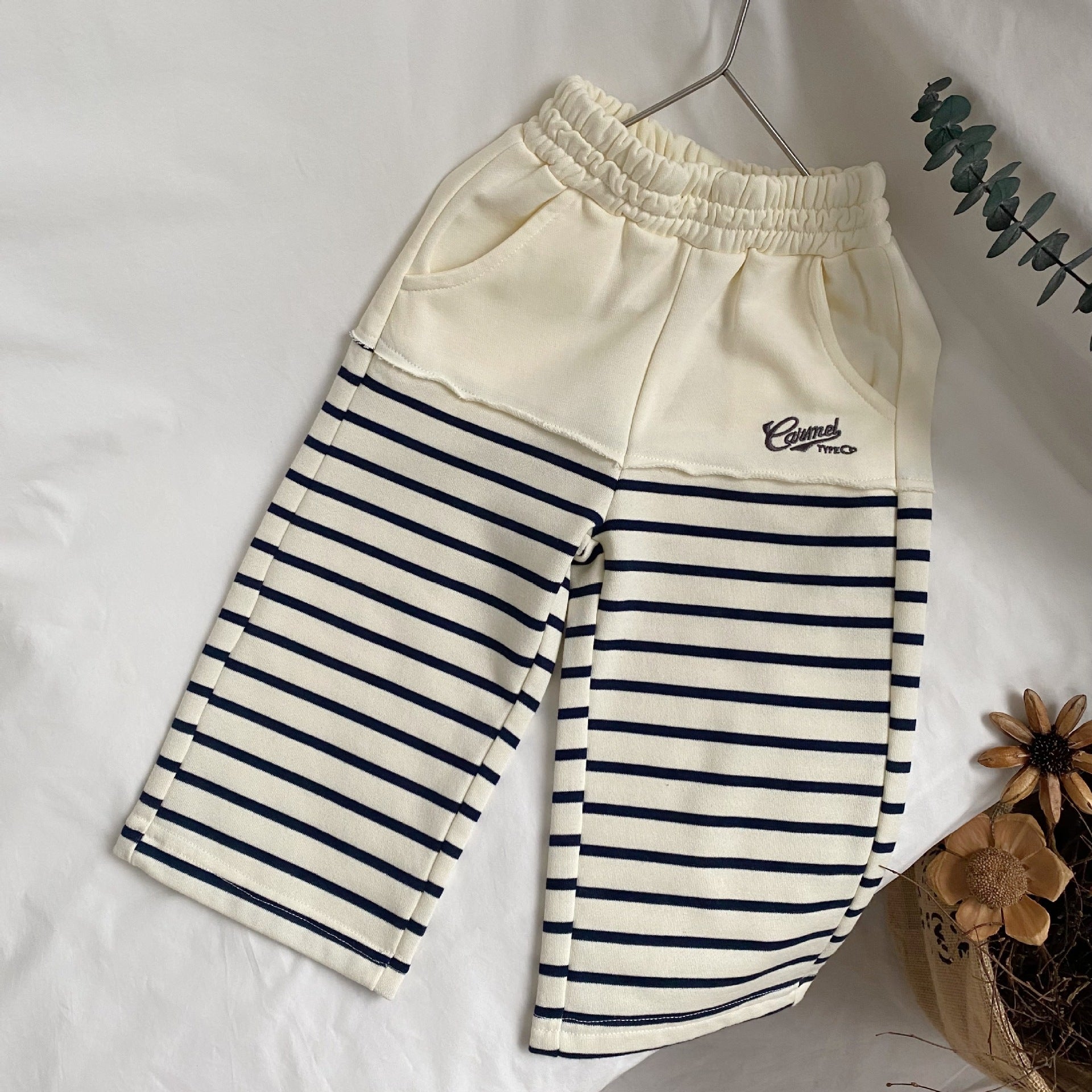 Children's striped embroidered patchwork knitted wide leg pants