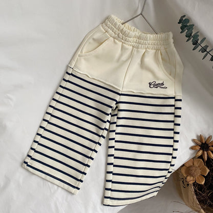 Children's striped embroidered patchwork knitted wide leg pants