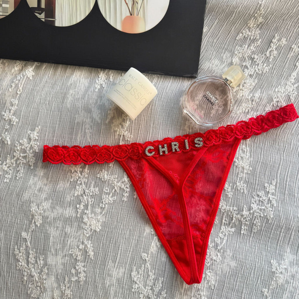 Cotton G-String with Metallic Rhinestone Letters, Sexy Lace Panties for Women