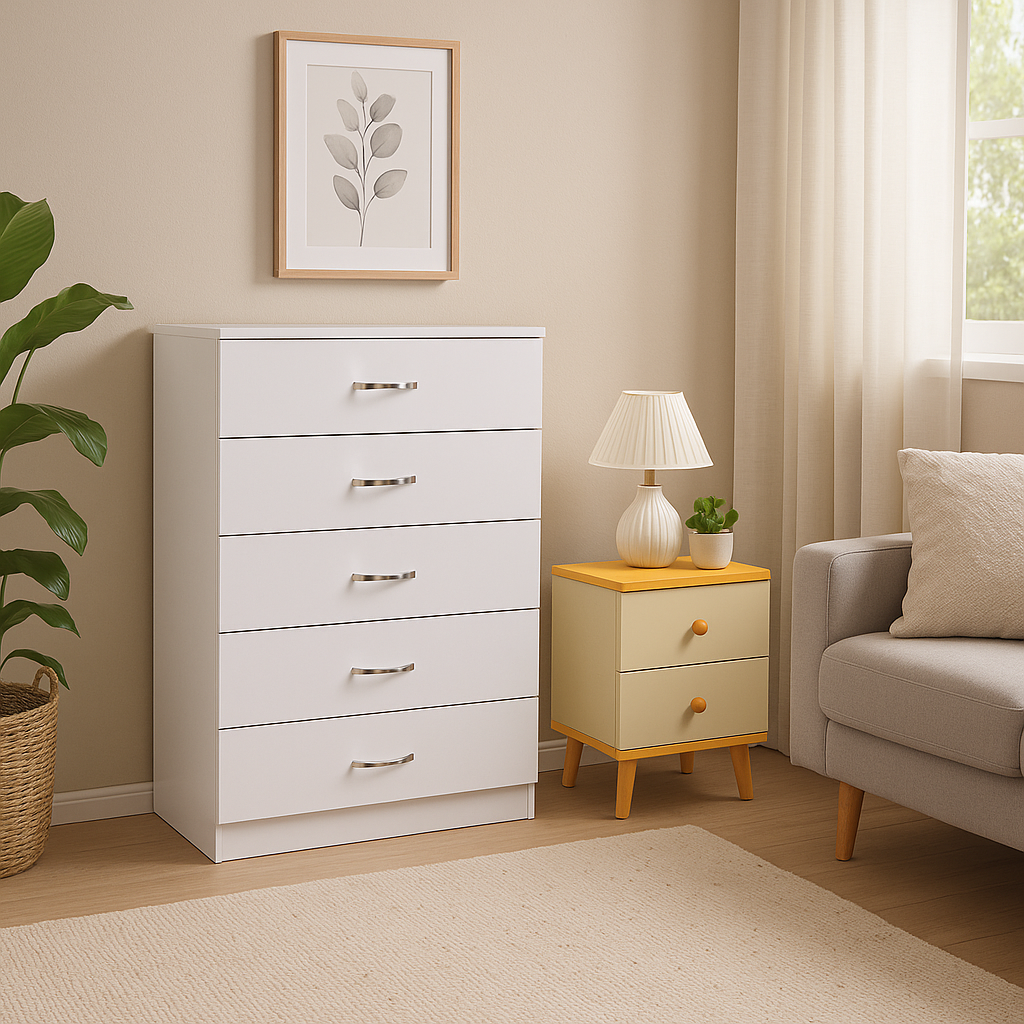 5er White Drawer Schrankkommode mit Nachttisch