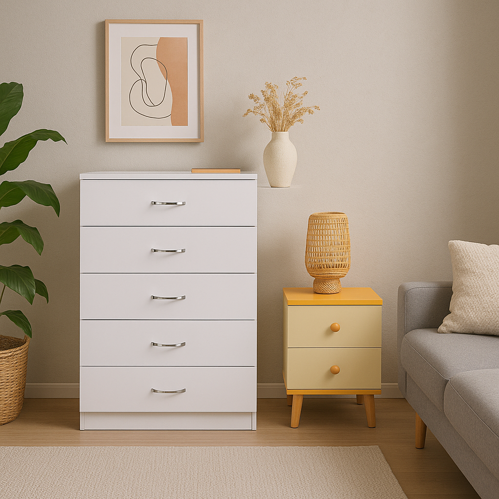5er White Drawer Schrankkommode mit Nachttisch