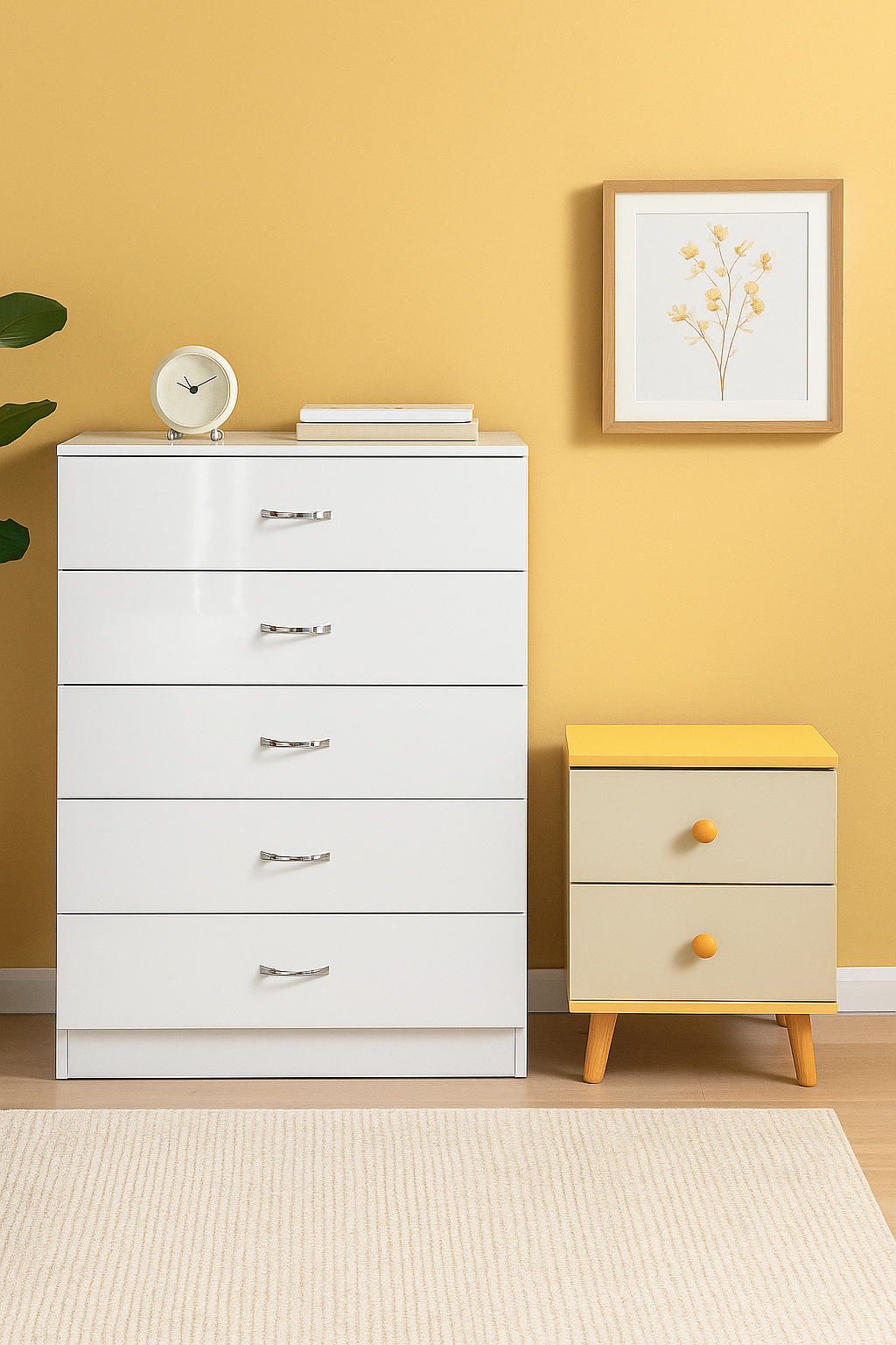 5er White Drawer Schrankkommode mit Nachttisch