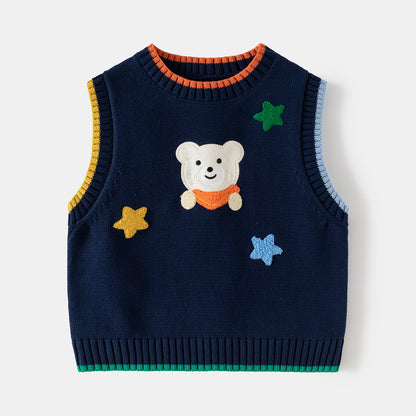 Children's Knitted Vest Wholesale Boy's Sweater Baby Sleeveless Pullover Cartoon Bear Top Fashion