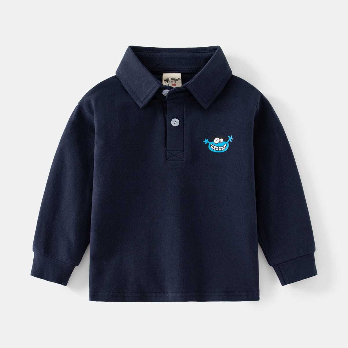 Long Sleeve Polo Shirt with Two-Button Stand Collar and Cartoon Animal Print