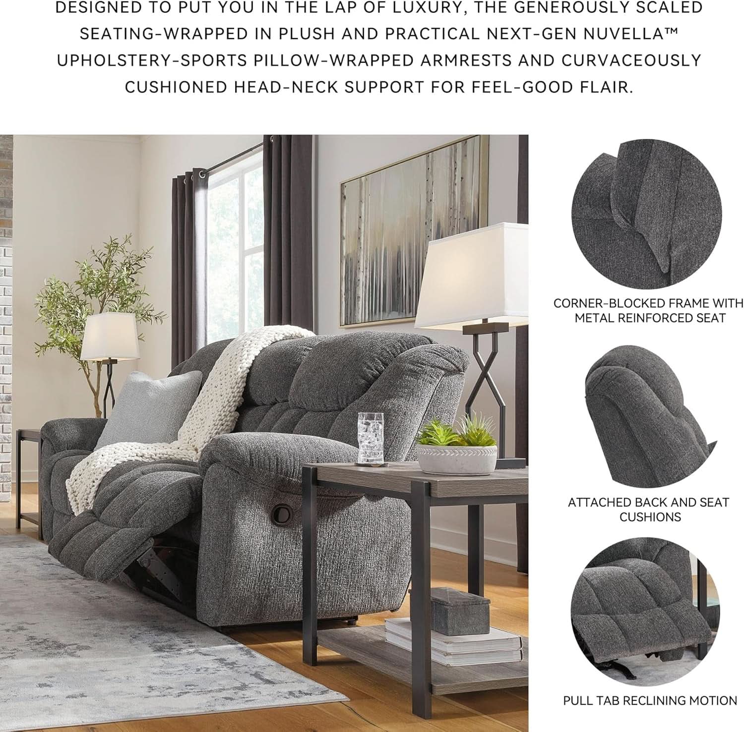 Gray Manual Reclining Sofa Stain Resistant Upholstery-4