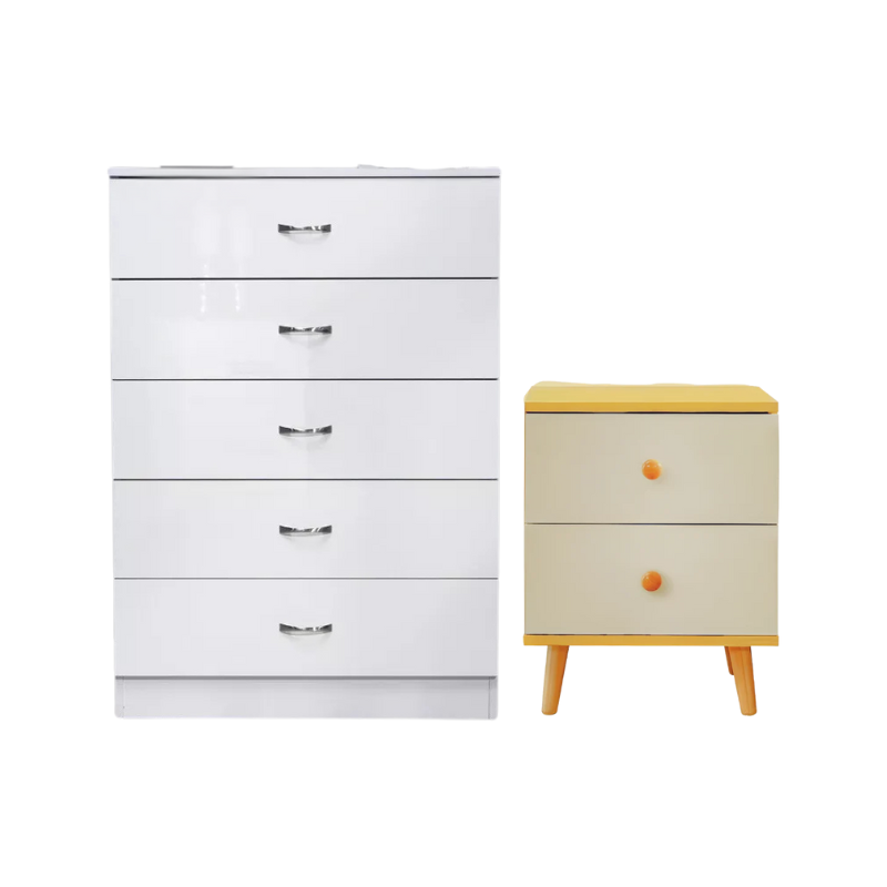 5er White Drawer Schrankkommode mit Nachttisch